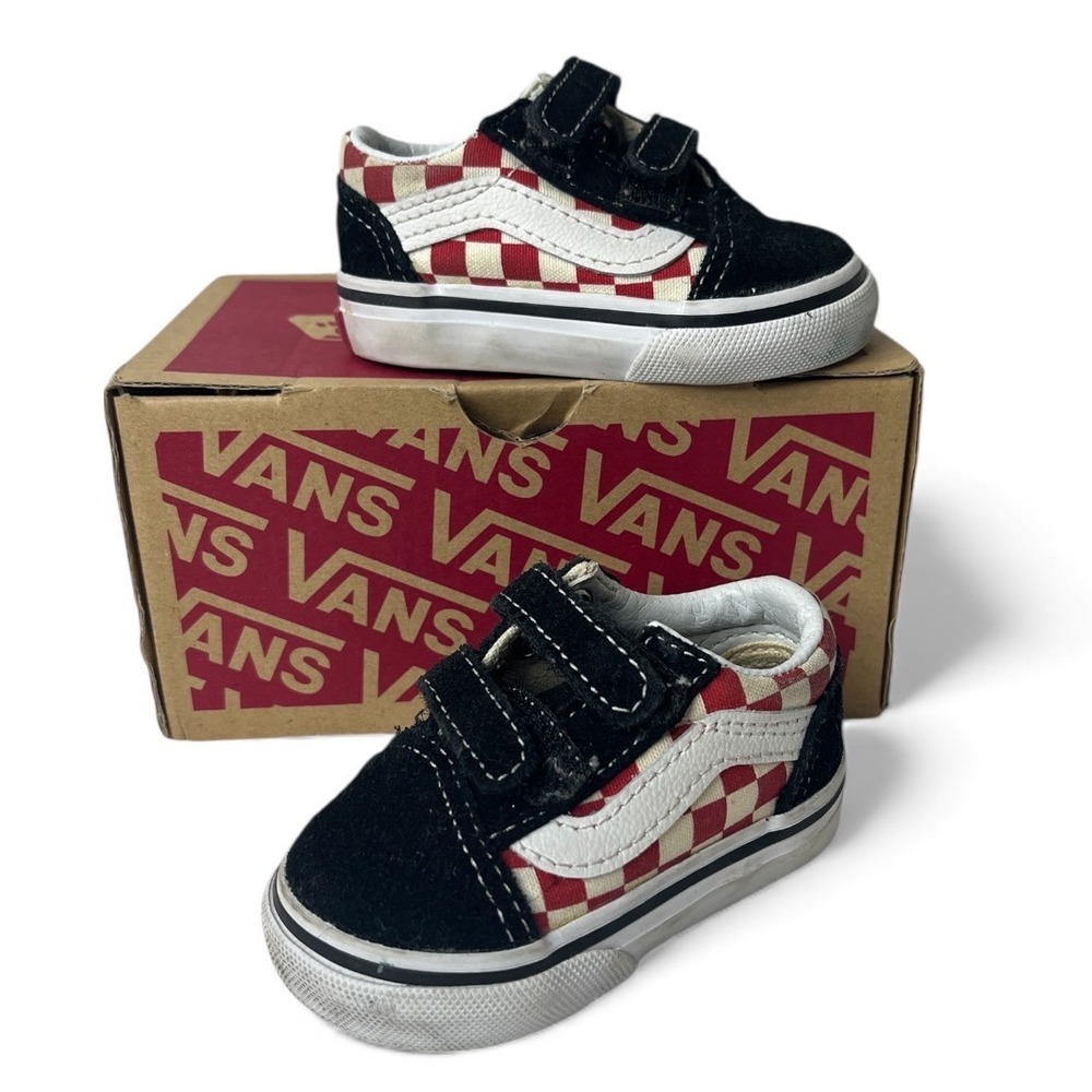 Toddler Vans Old Skool V Crib Shoes‎ Red Checkerboard Black Suede Velcro Size 2